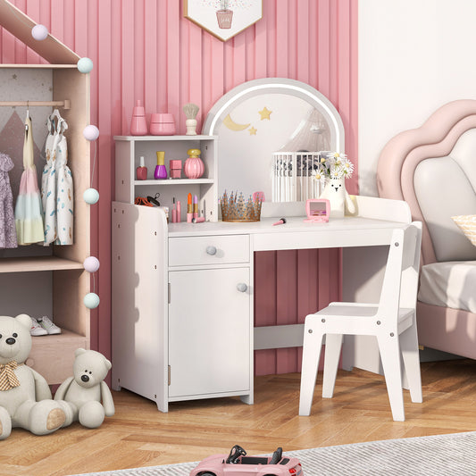 Kids Vanity Table and Chair Set with LED Mirror and Storage