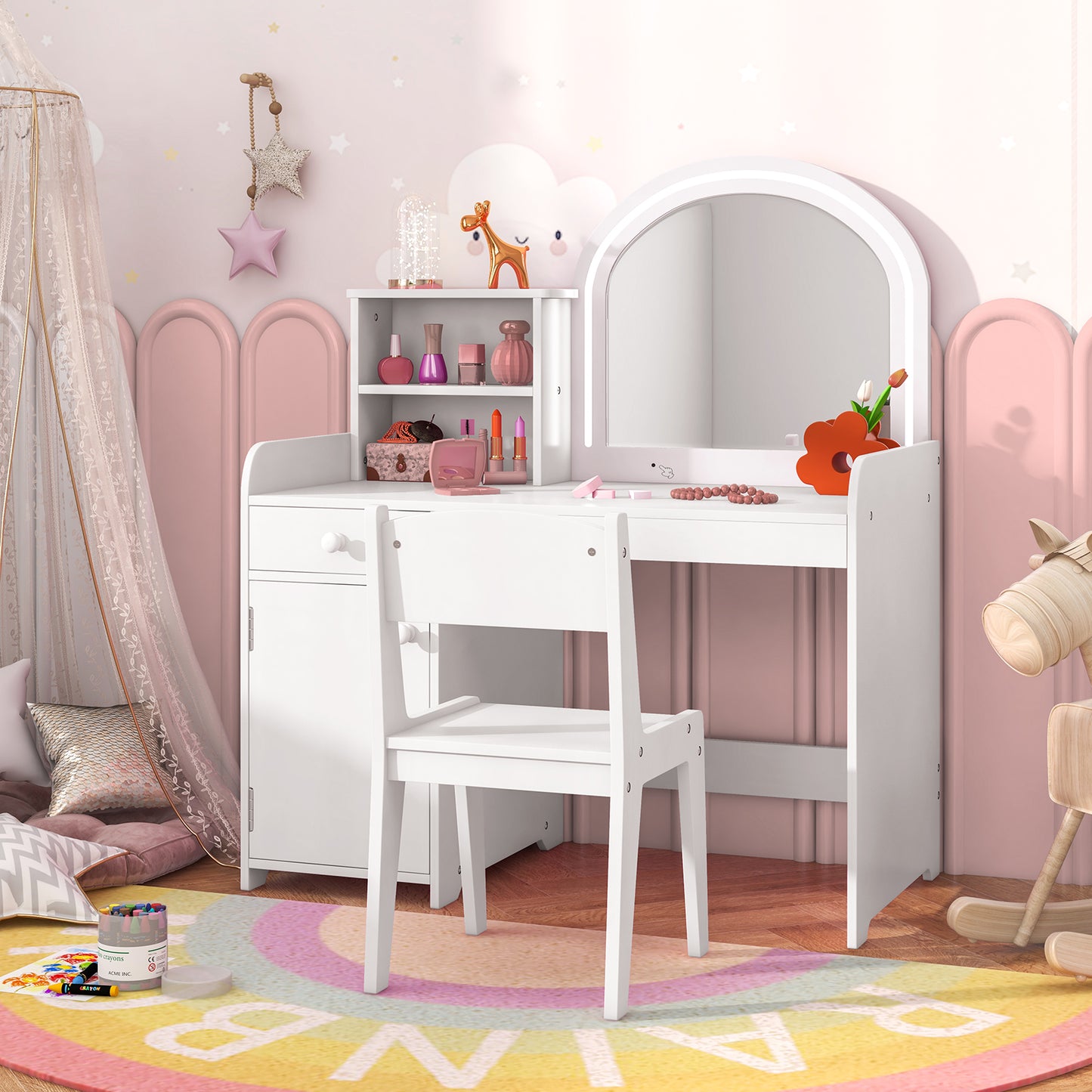 Kids Vanity Table and Chair Set with LED Mirror and Storage