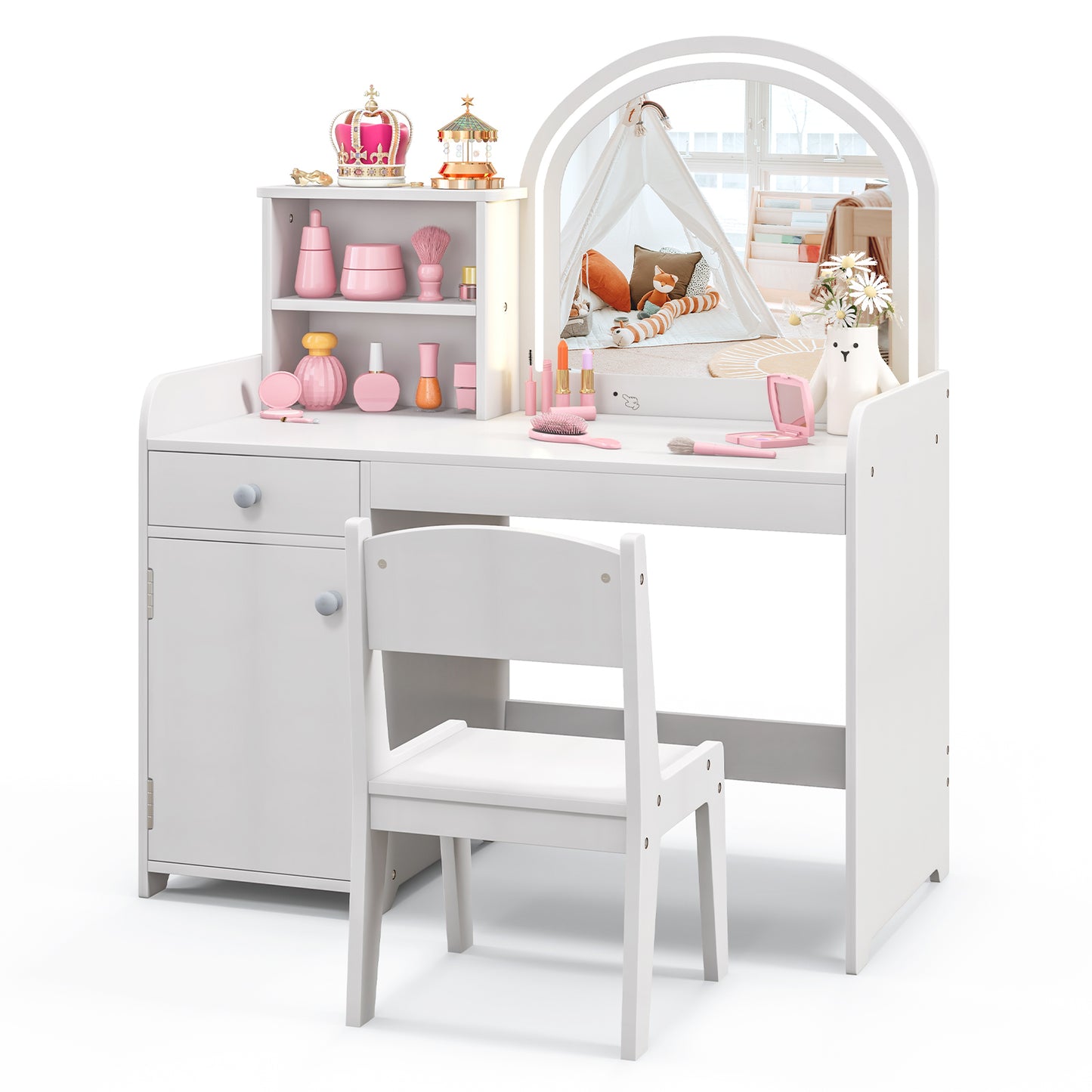 Kids Vanity Table and Chair Set with LED Mirror and Storage
