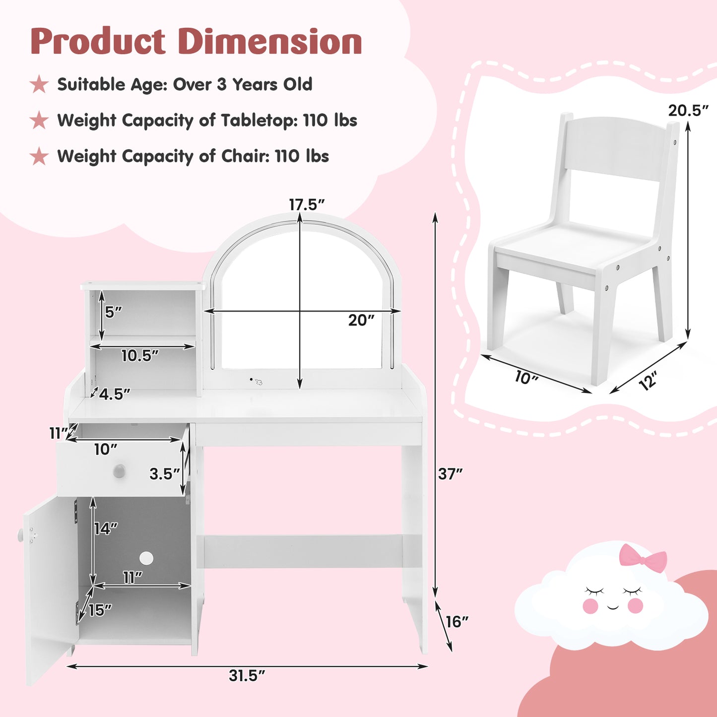 Kids Vanity Table and Chair Set with LED Mirror and Storage