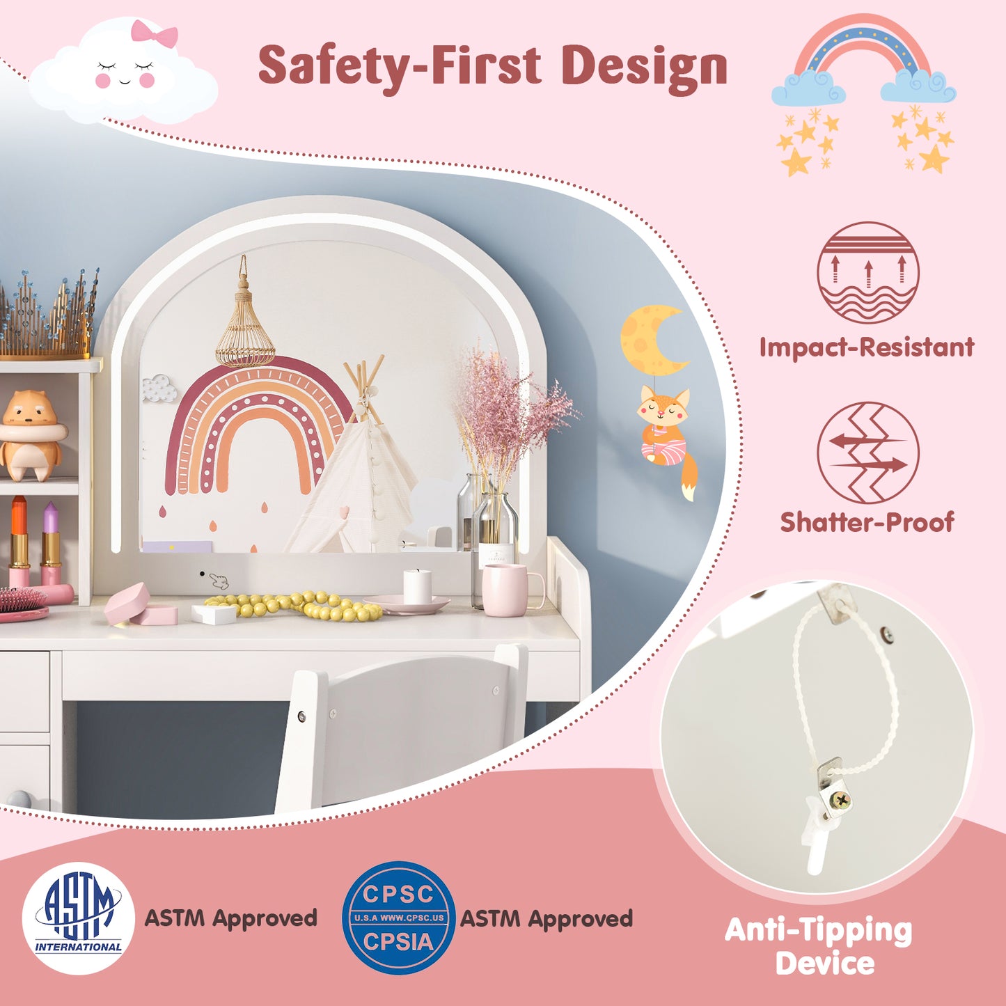 Kids Vanity Table and Chair Set with LED Mirror and Storage