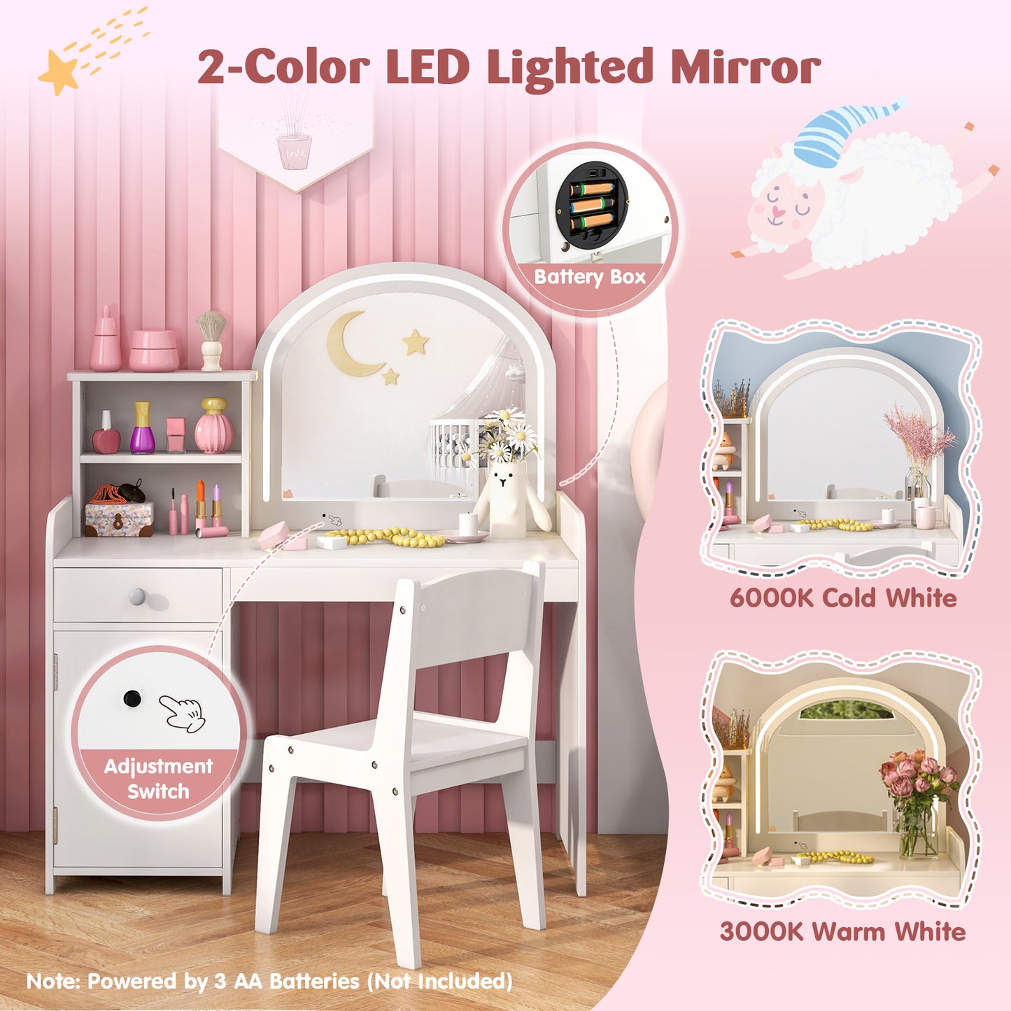 Kids Vanity Table and Chair Set with LED Mirror and Storage
