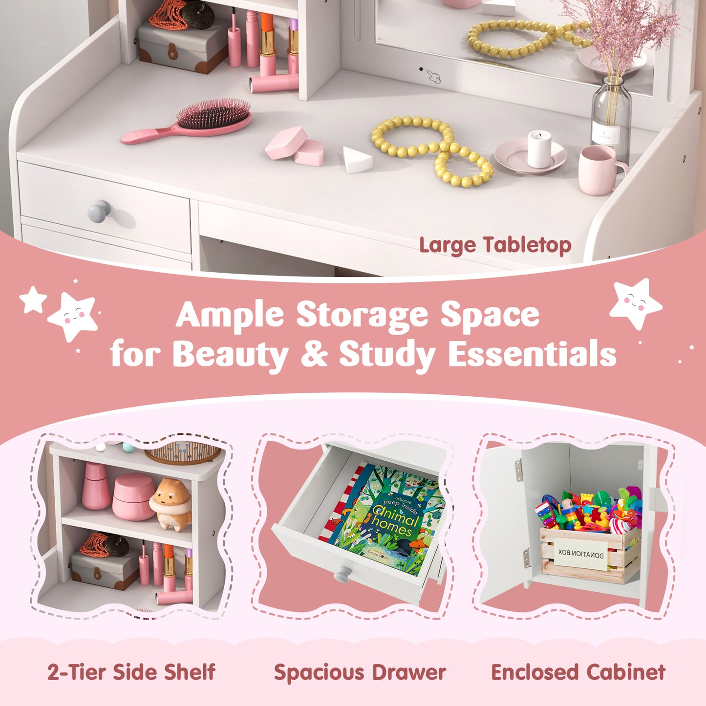 Kids Vanity Table and Chair Set with LED Mirror and Storage