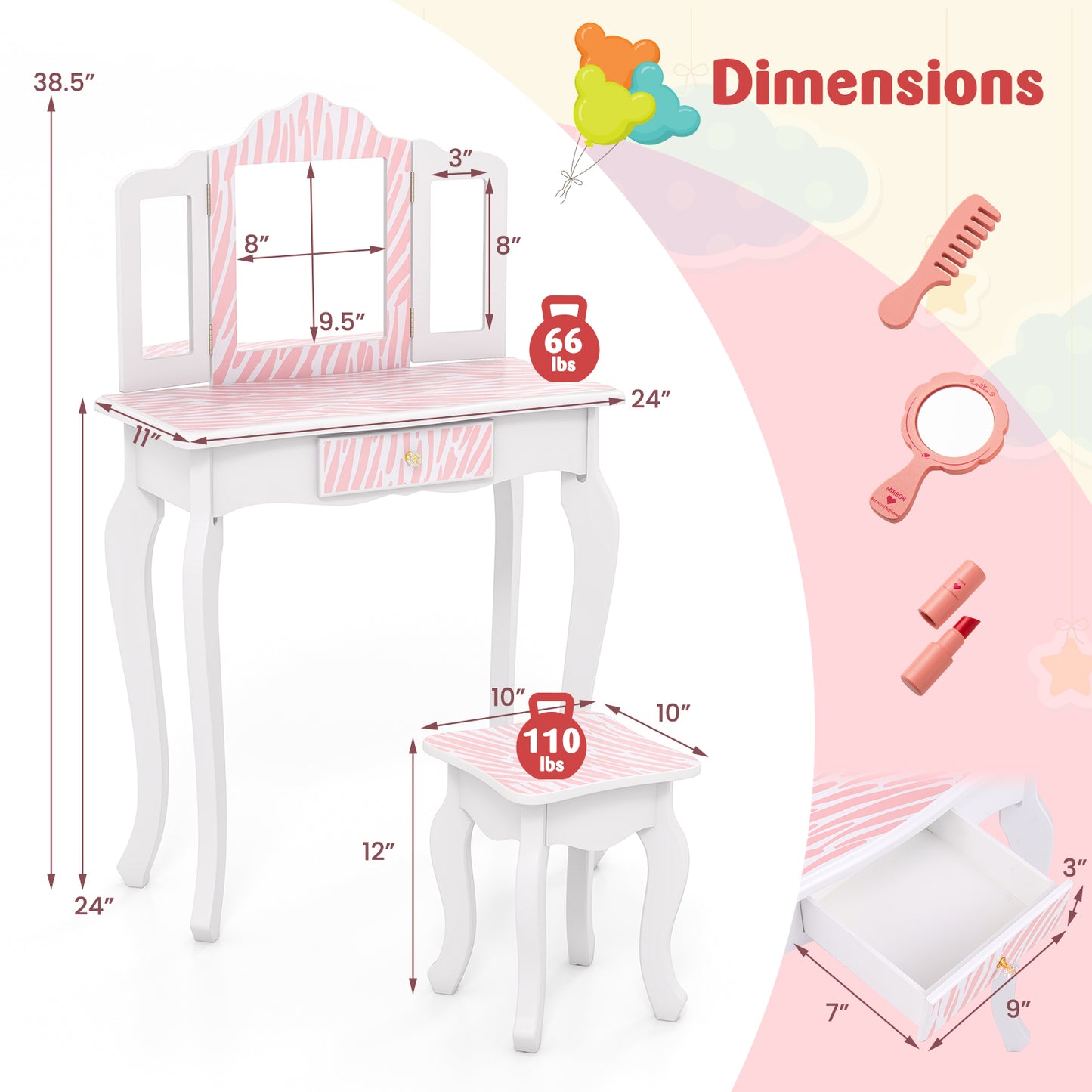Kids Vanity Set with Drawer and Mirror - Pink