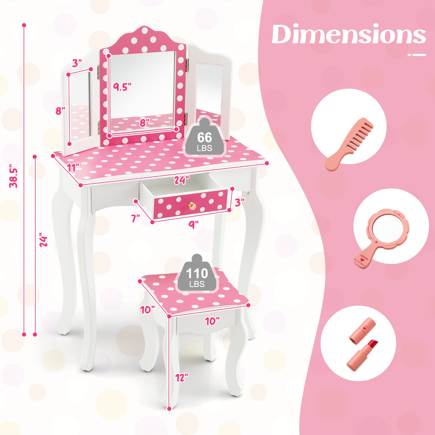 Kids Vanity Table with Tri-Fold Mirror and Stool - Pink