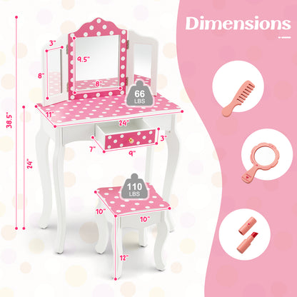 Kids Vanity Table with Tri-Fold Mirror and Stool - Pink