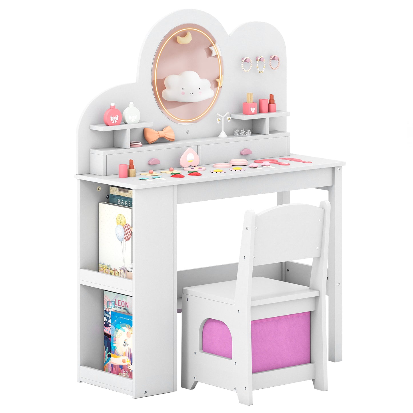 Kids Vanity Table and Chair Set with Lighted Mirror