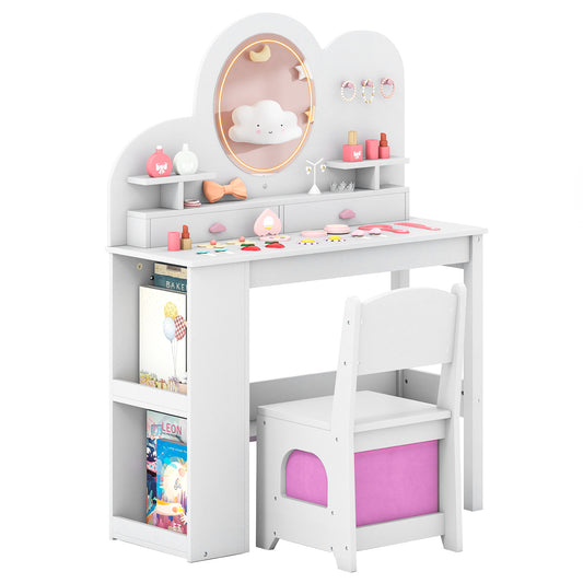 Kids Vanity Table and Chair Set with Lighted Mirror