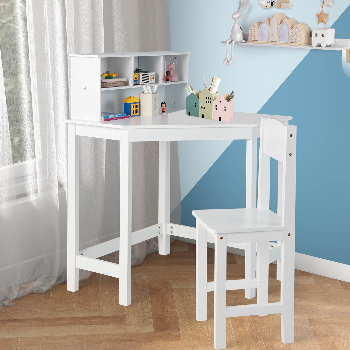 Corner Desk and Chair Set with Hutch for Kids