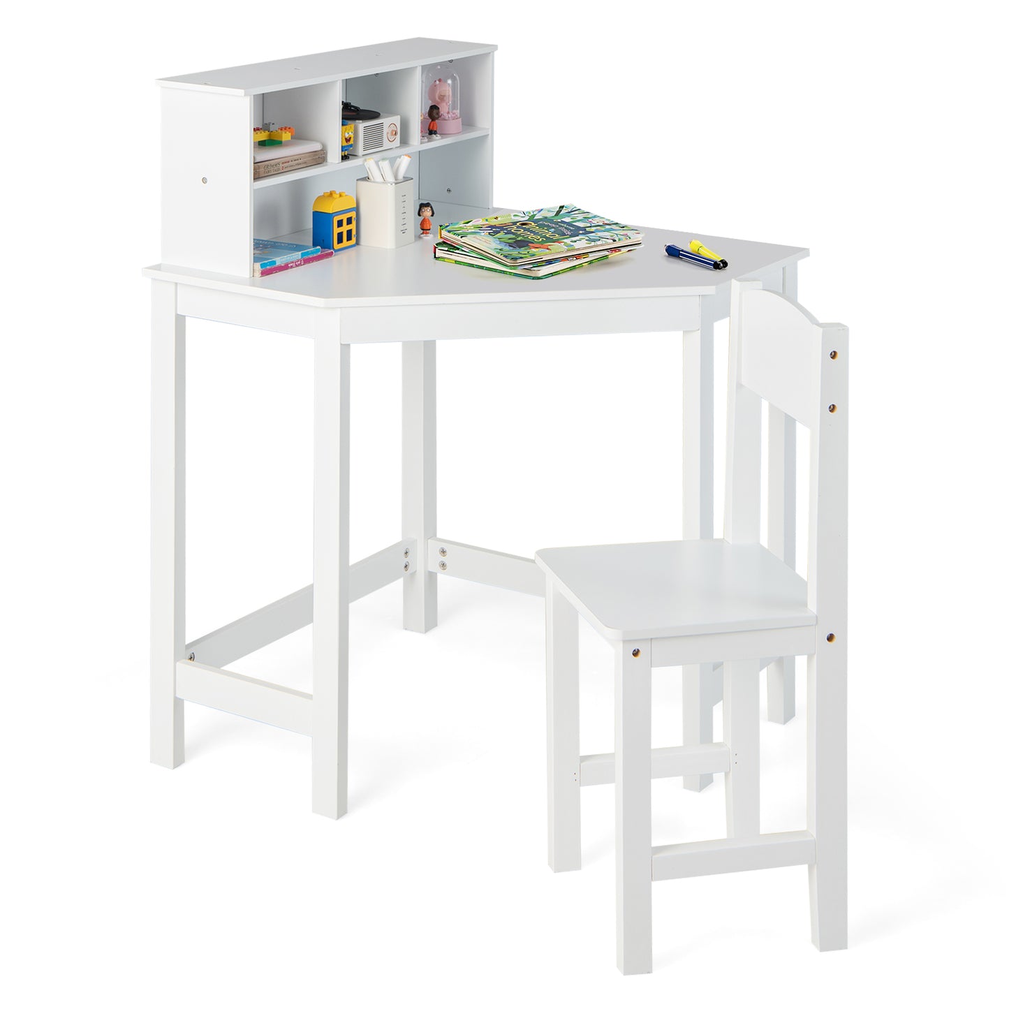 Corner Desk and Chair Set with Hutch for Kids