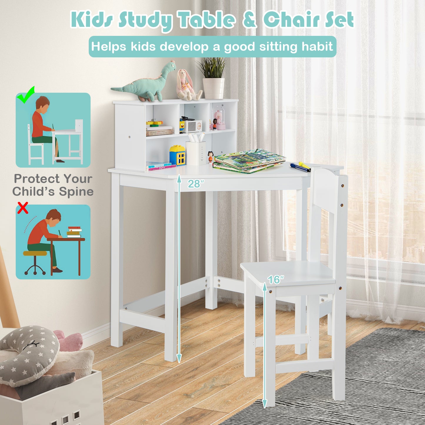Corner Desk and Chair Set with Hutch for Kids