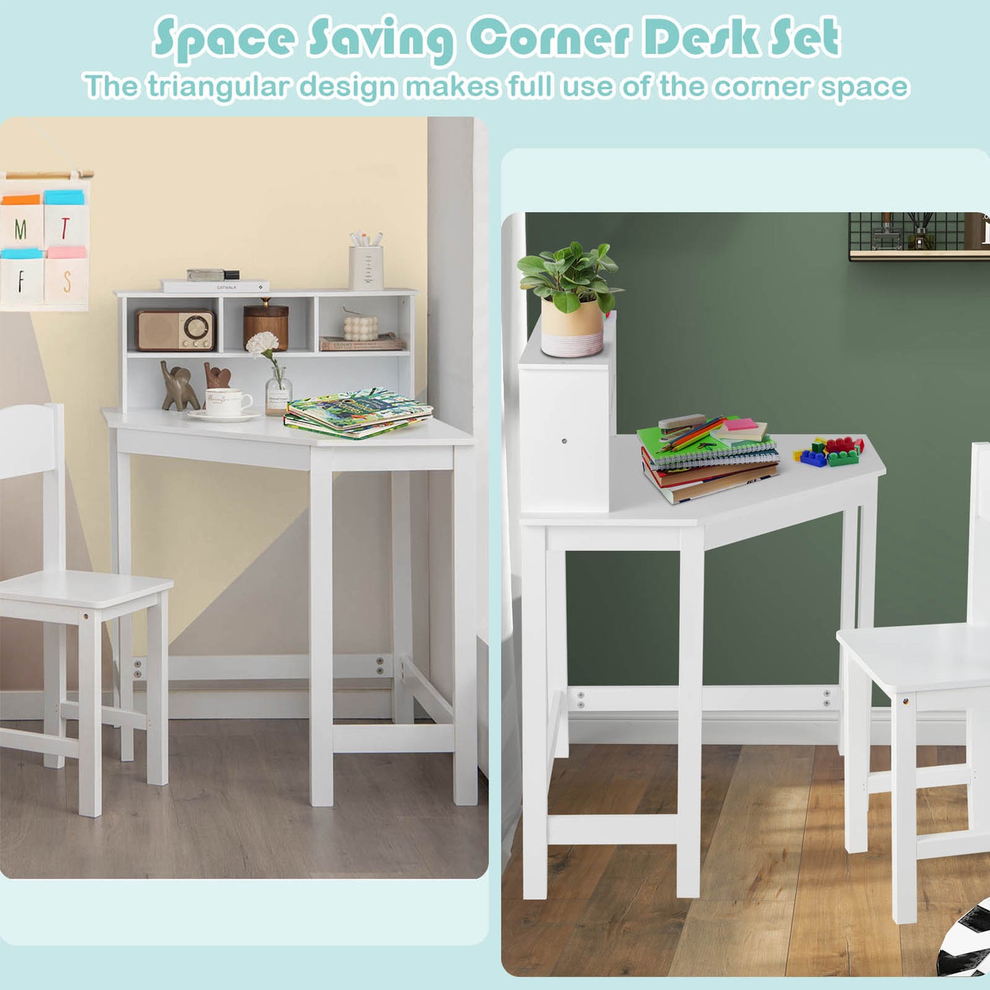 Corner Desk and Chair Set with Hutch for Kids