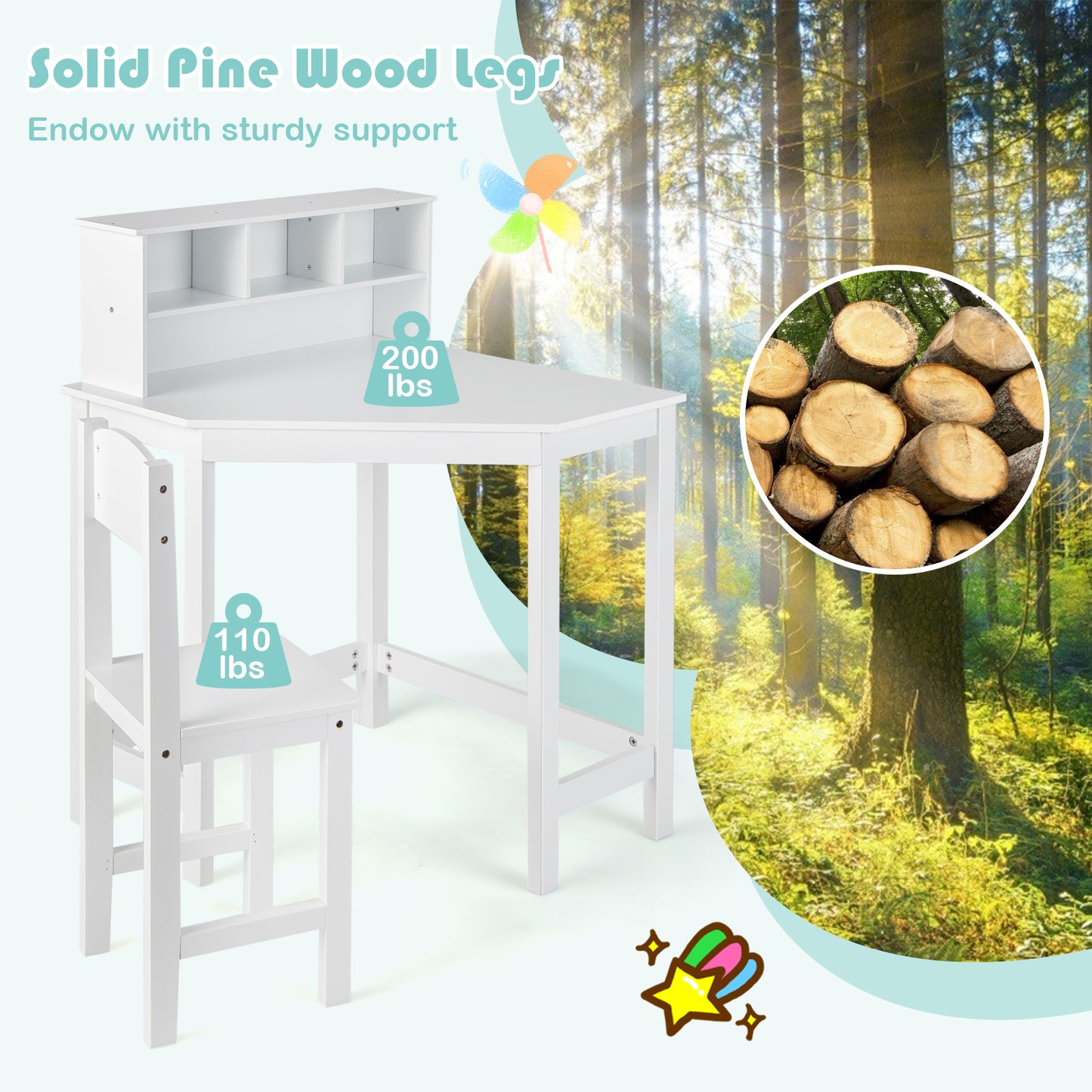 Corner Desk and Chair Set with Hutch for Kids