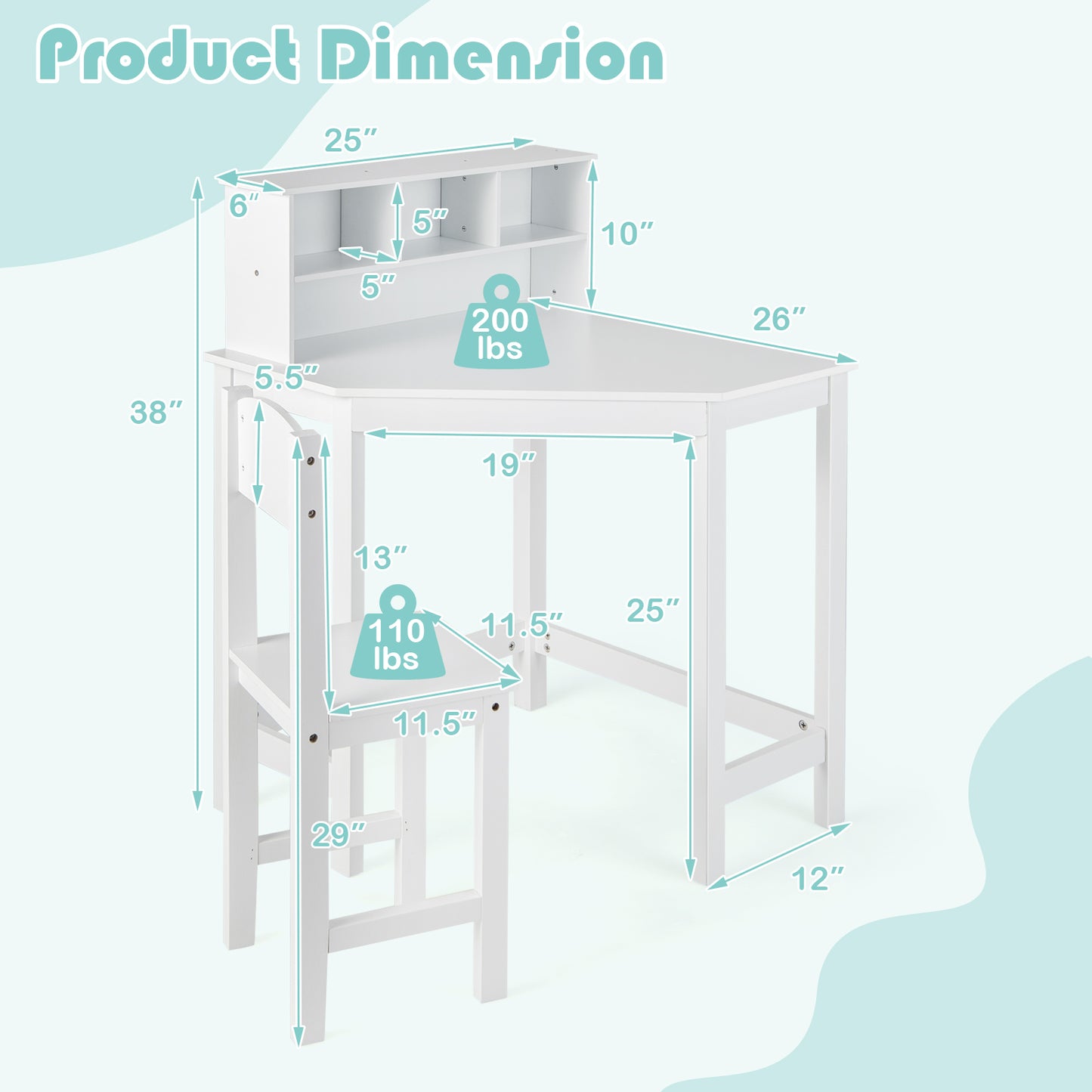 Corner Desk and Chair Set with Hutch for Kids