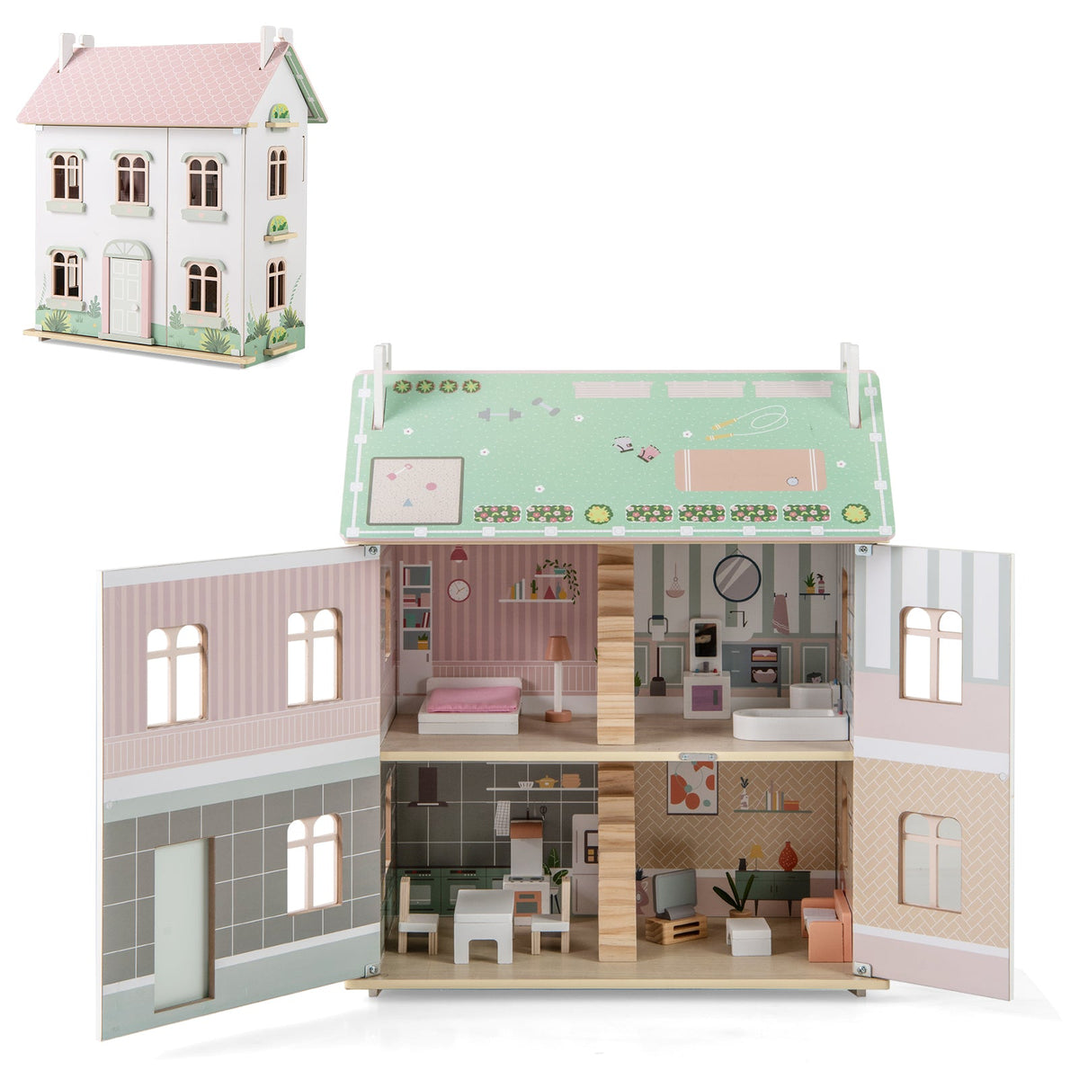 Kids Wooden Dollhouse 3 Level with Double-Sided Roofs and Doors-Pink