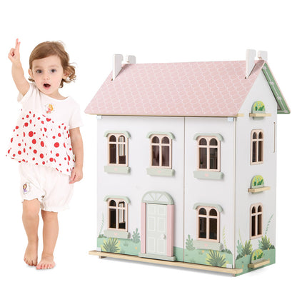 Kids Wooden Dollhouse 3 Level with Double-Sided Roofs and Doors-Pink