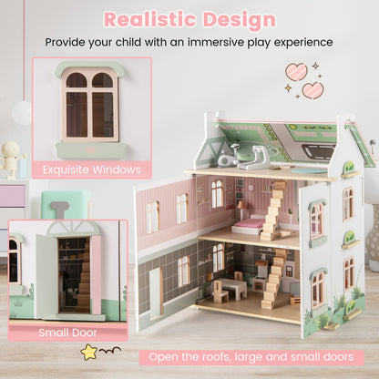 Kids Wooden Dollhouse 3 Level with Double-Sided Roofs and Doors-Pink
