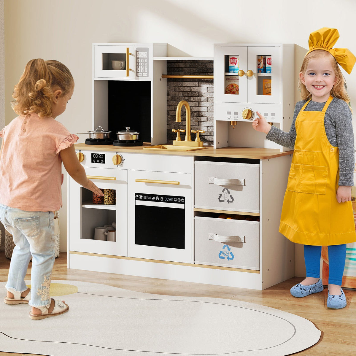 Kids Wooden Kitchen Playset with Stoves Sound Light for 3+ Years Old-White