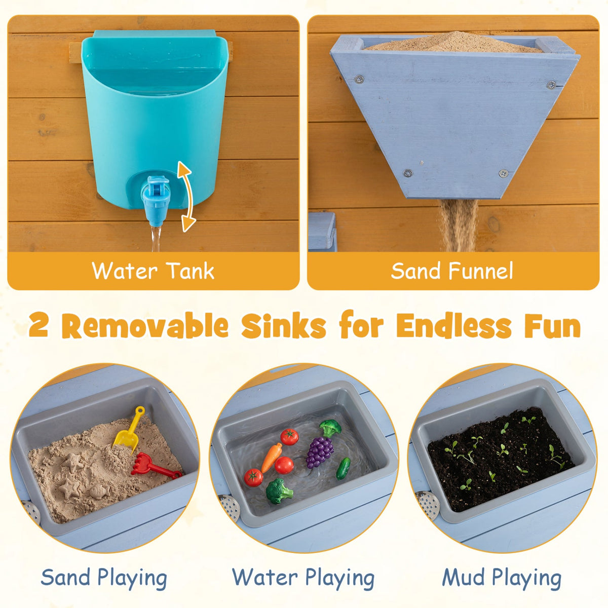 Wooden Mud Kitchen with 2 Sinks and 4 Stoves