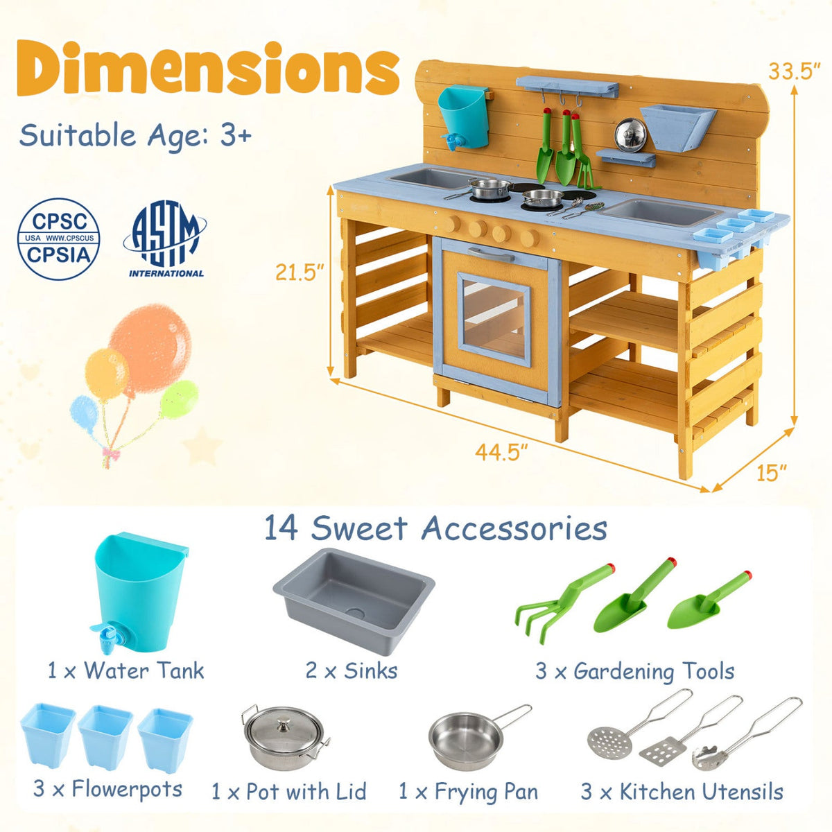 Wooden Mud Kitchen with 2 Sinks and 4 Stoves