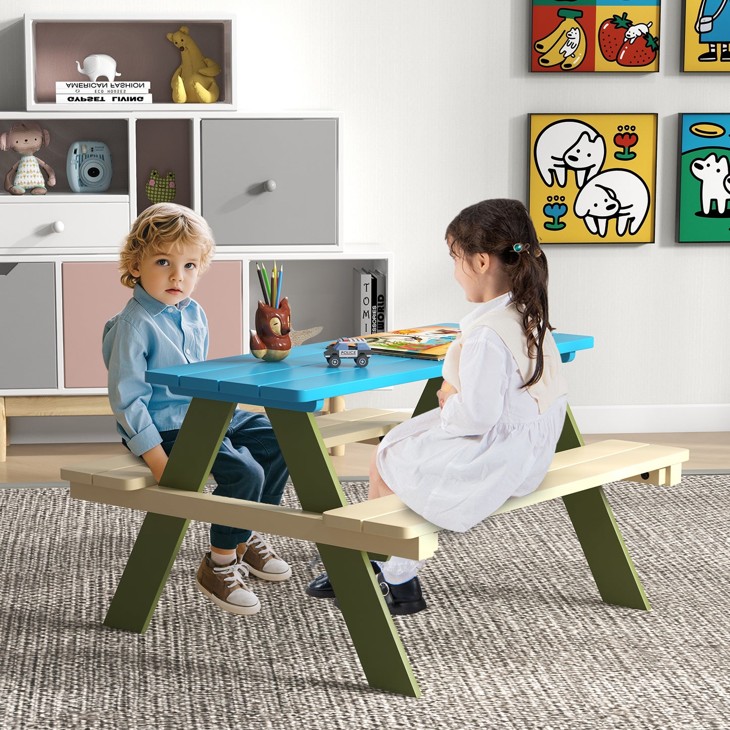 Kids Wooden Picnic Table Set with Built-In Benches