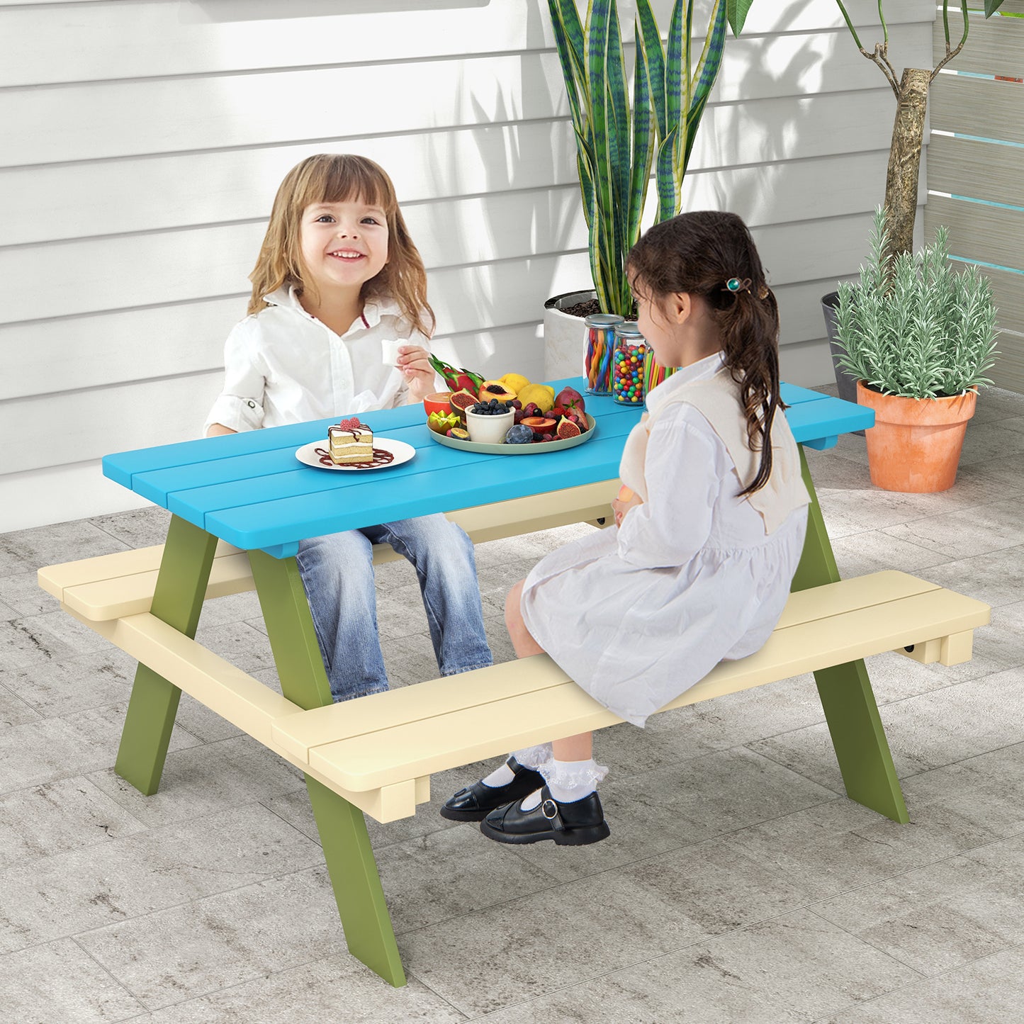 Kids Wooden Picnic Table Set with Built-In Benches