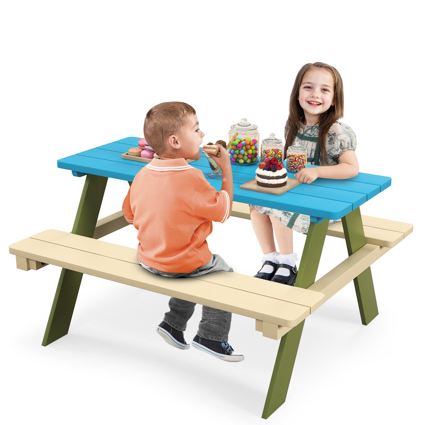 Kids Wooden Picnic Table Set with Built-In Benches