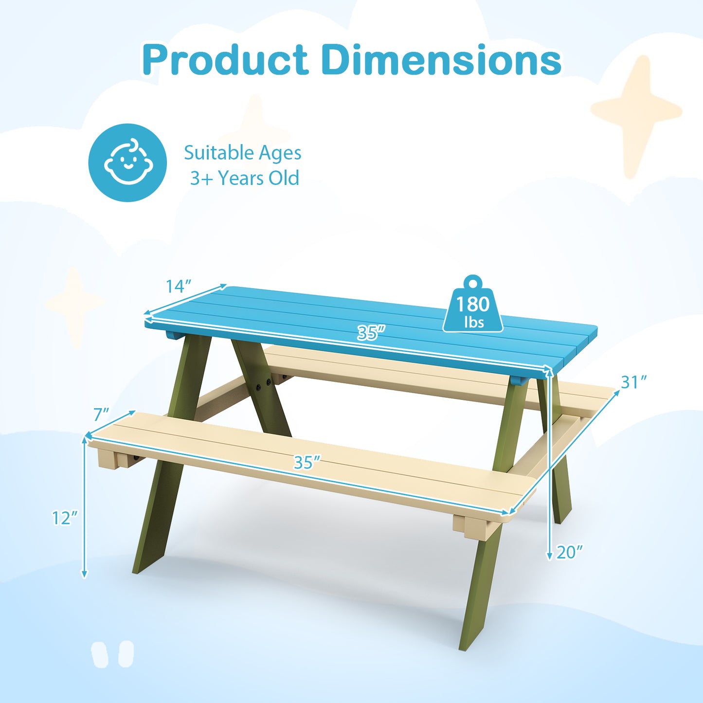 Kids Wooden Picnic Table Set with Built-In Benches