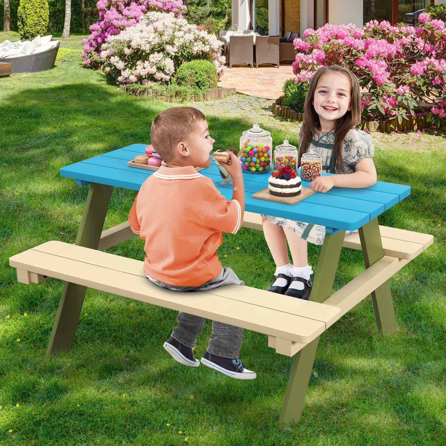 Kids Wooden Picnic Table Set with Built-In Benches