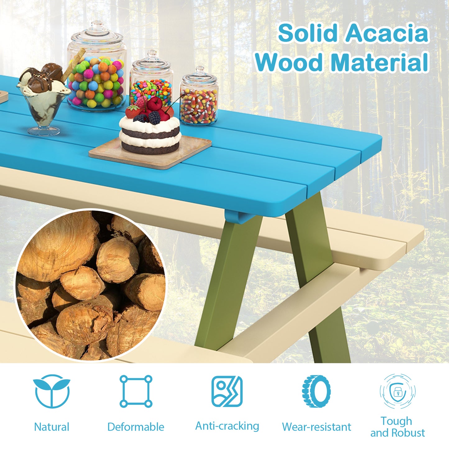 Kids Wooden Picnic Table Set with Built-In Benches