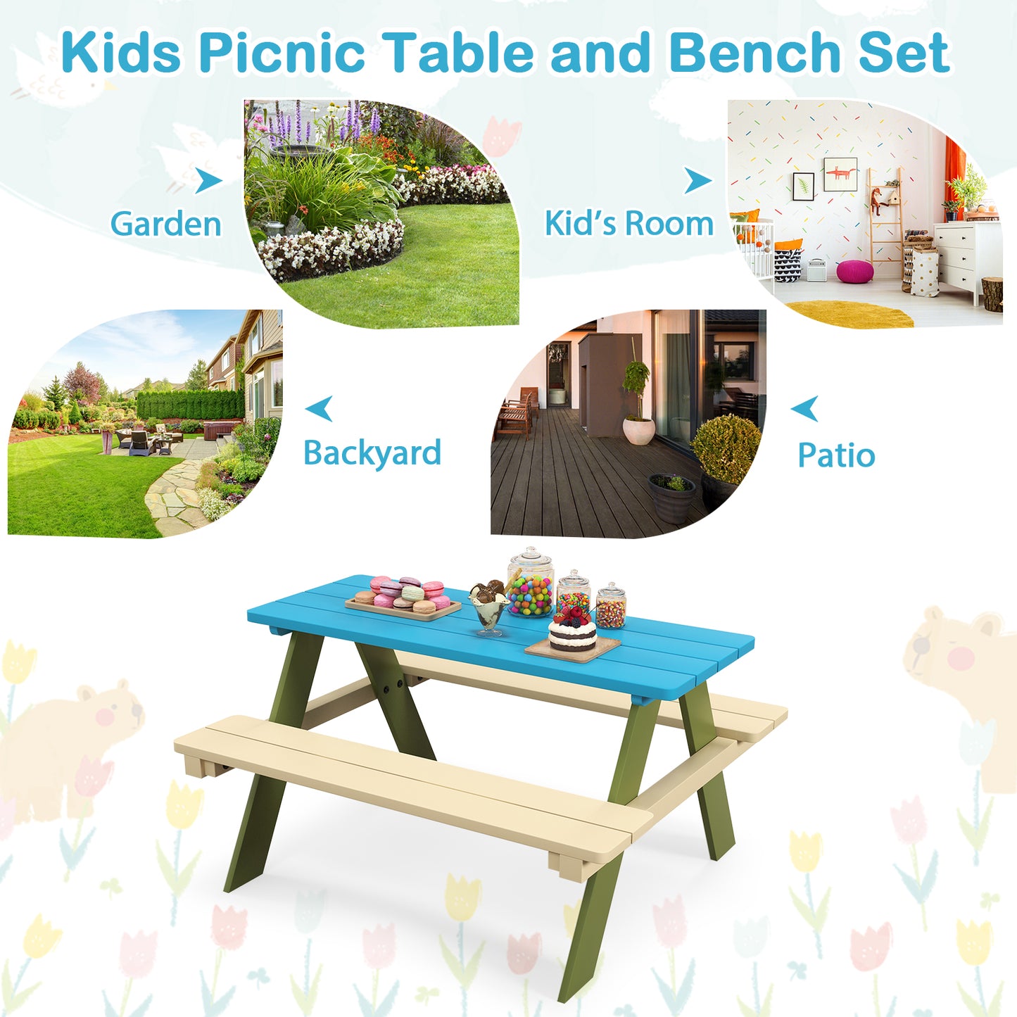Kids Wooden Picnic Table Set with Built-In Benches