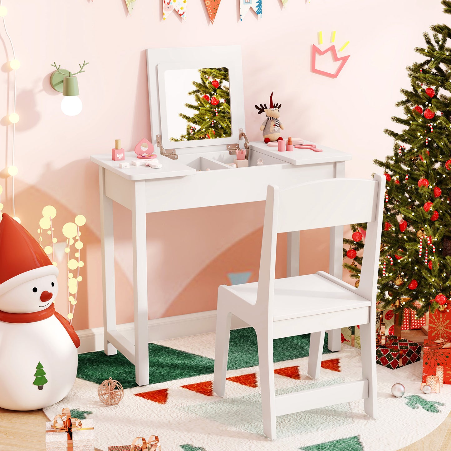 Kids Vanity Table and Chair Set with Flip Top Mirror