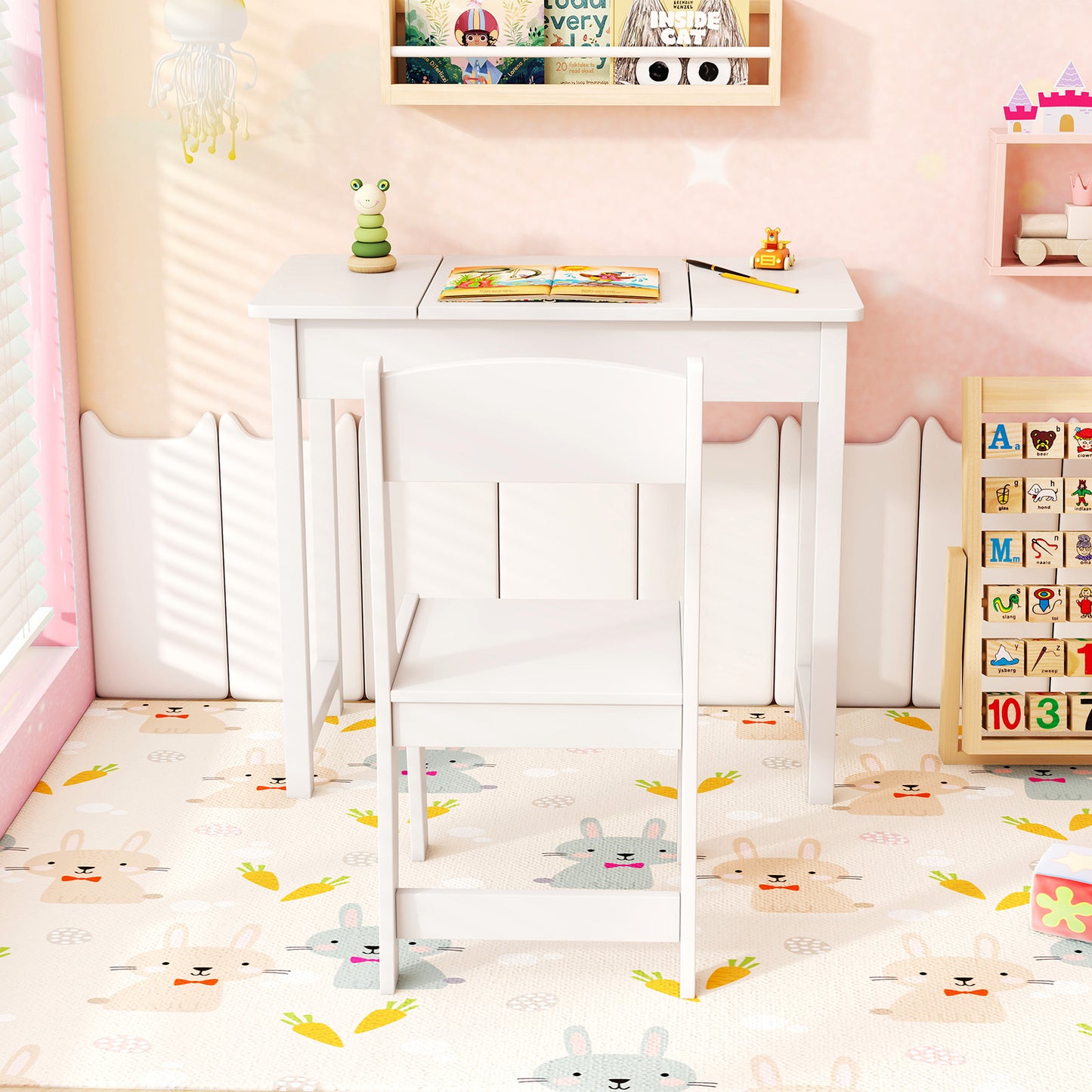 Kids Vanity Table and Chair Set with Flip Top Mirror