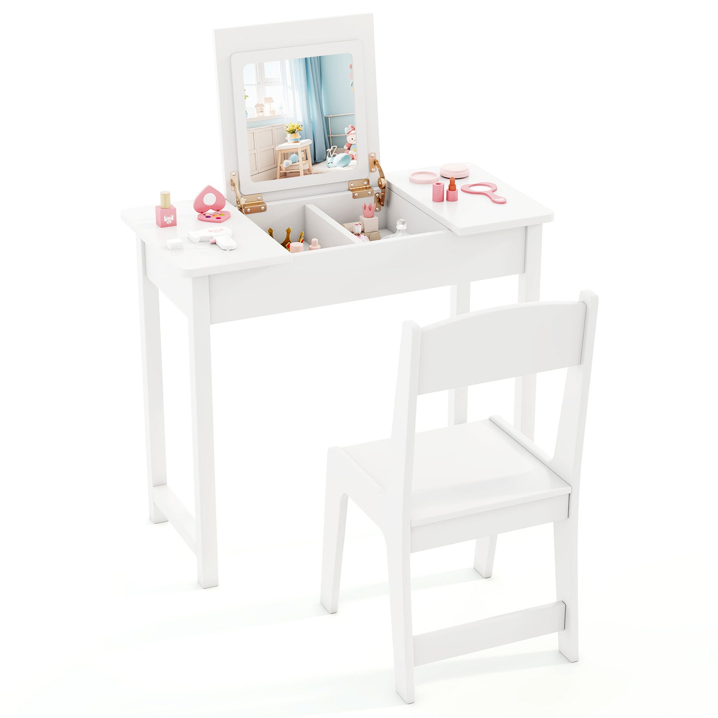 Kids Vanity Table and Chair Set with Flip Top Mirror