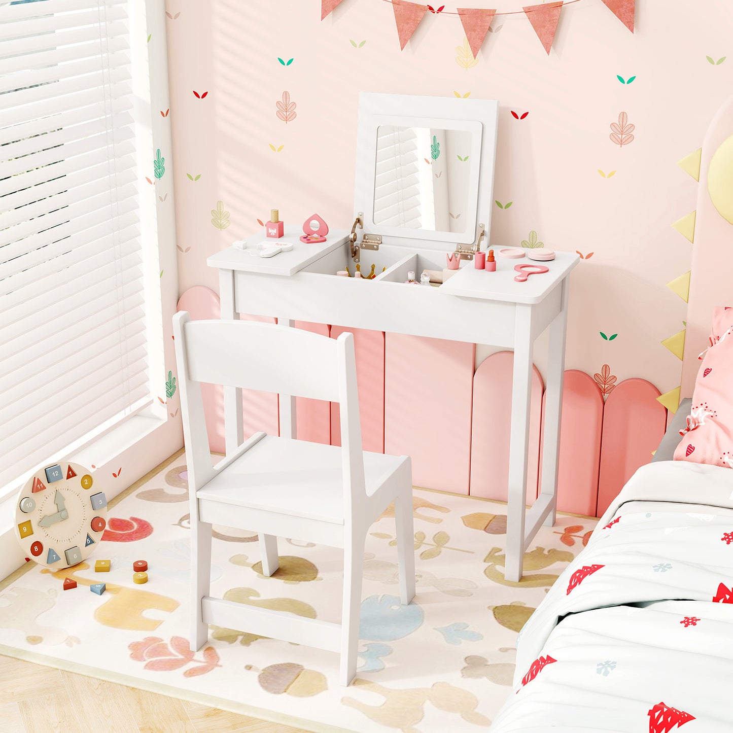 Kids Vanity Table and Chair Set with Flip Top Mirror