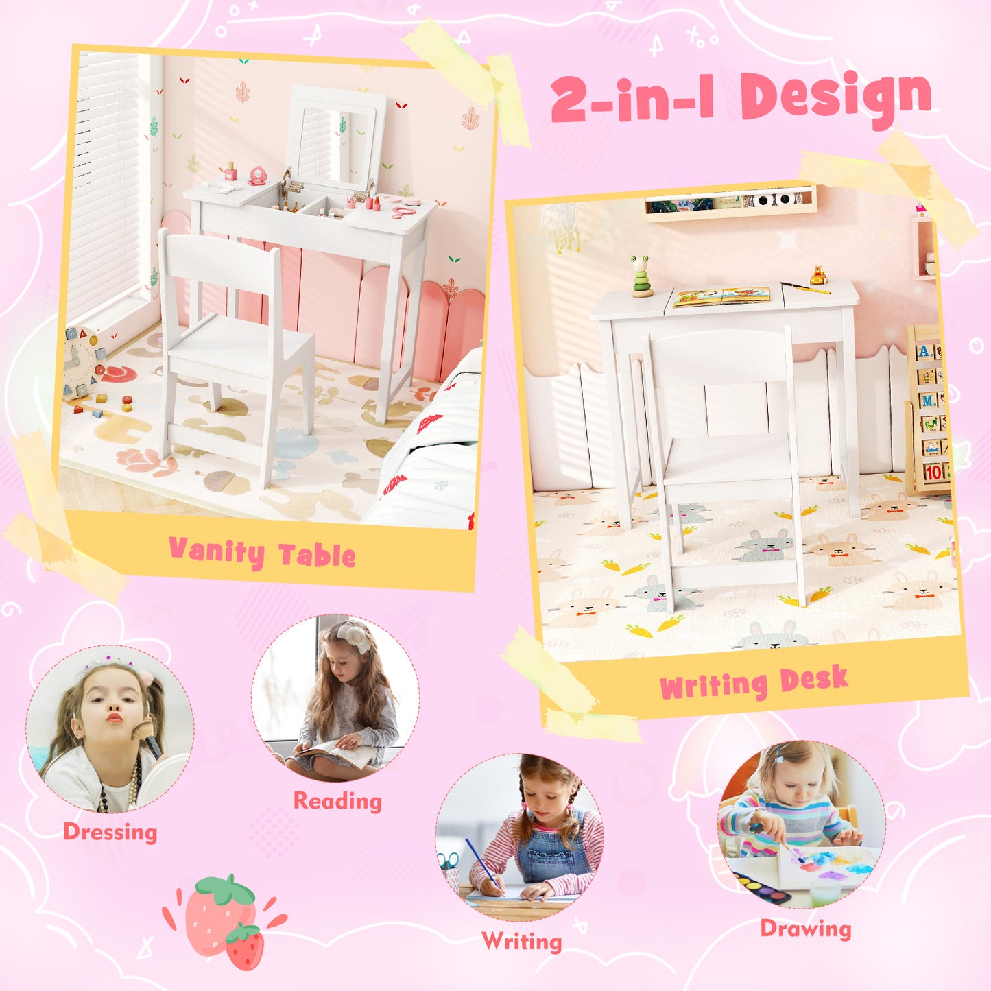Kids Vanity Table and Chair Set with Flip Top Mirror
