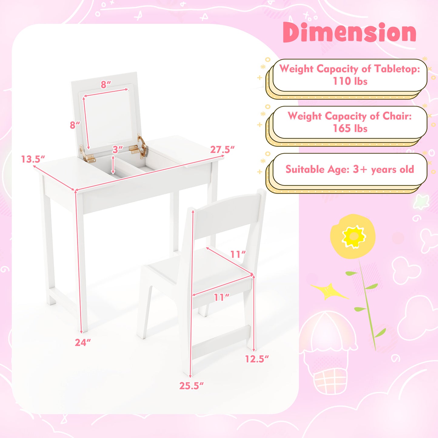 Kids Vanity Table and Chair Set with Flip Top Mirror