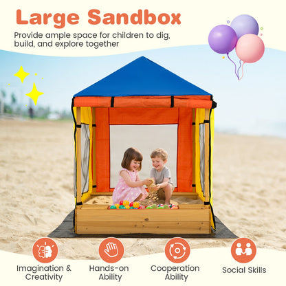 Kids Wooden Sandbox with Canopy Large Sand Pit with Mesh Windows and Bottom Liner-Multicolor