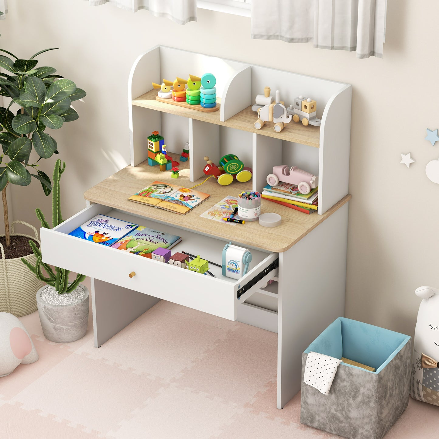 Kids Wooden Study Desk with Hutch and Drawer