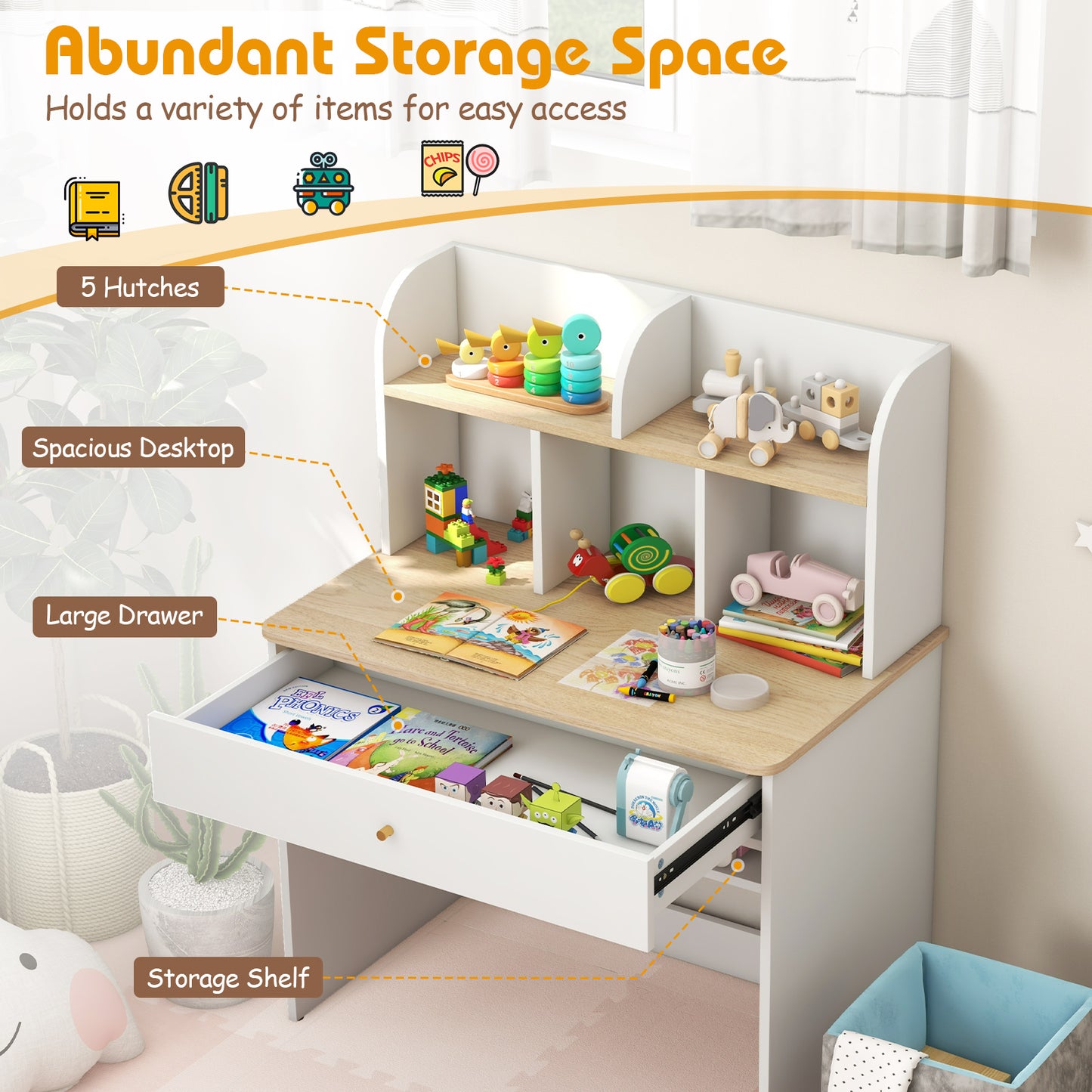 Kids Wooden Study Desk with Hutch and Drawer