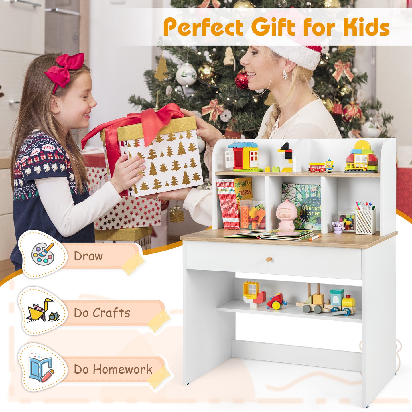 Kids Wooden Study Desk with Hutch and Drawer