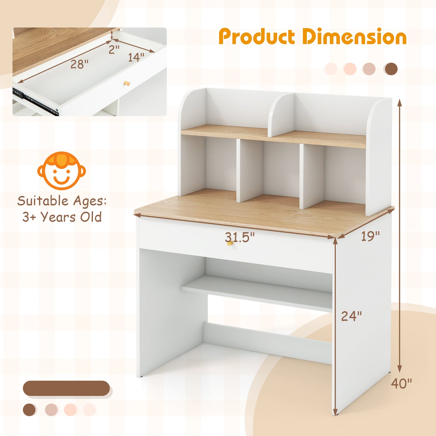 Kids Wooden Study Desk with Hutch and Drawer