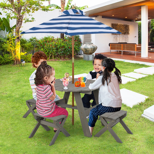 Kids Wooden Picnic Table Set with Umbrella and 4 Stools