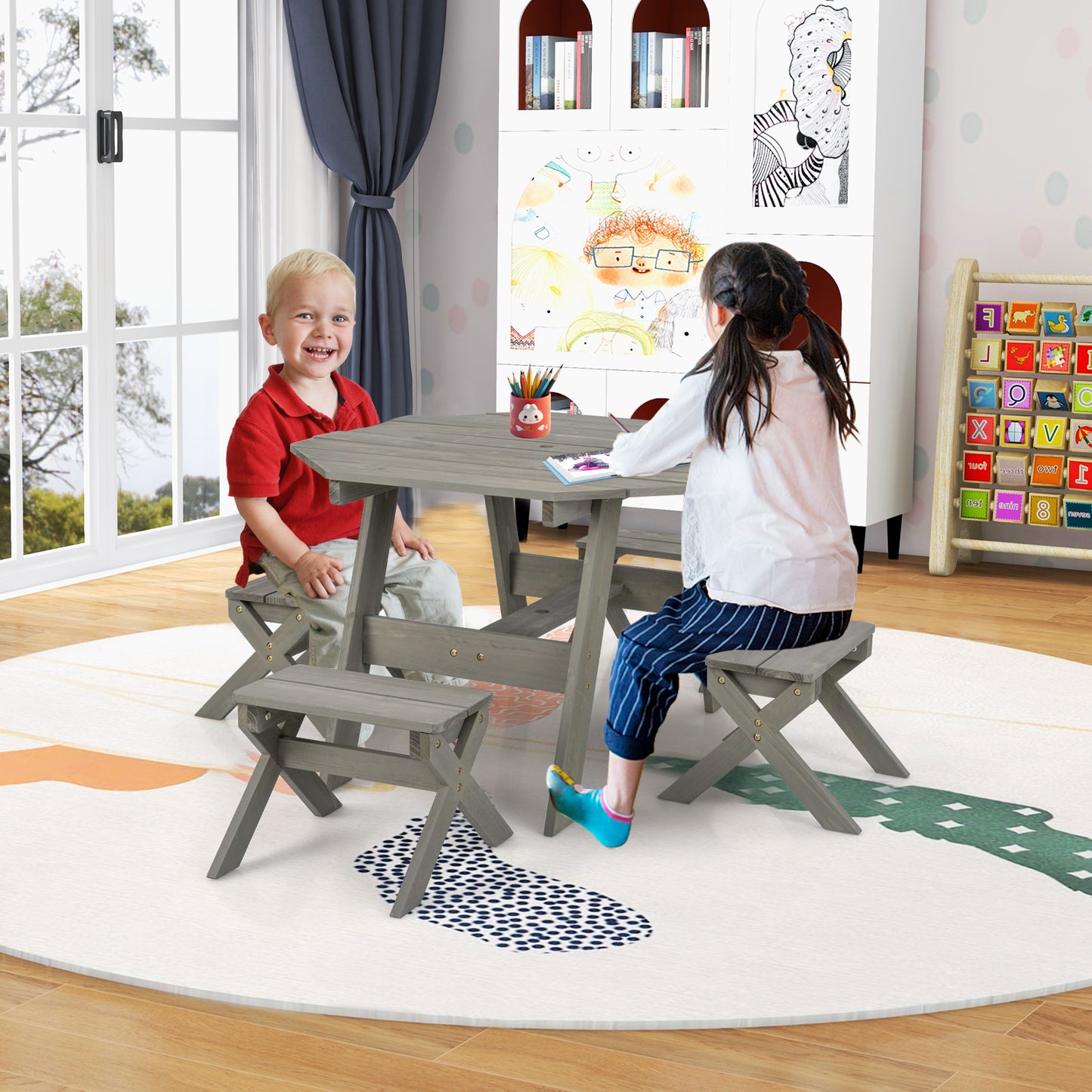 Kids Wooden Picnic Table Set with Umbrella and 4 Stools