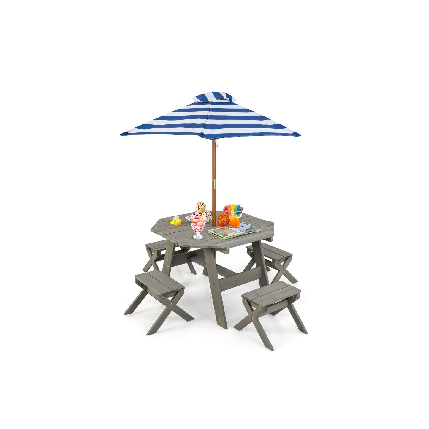 Kids Wooden Picnic Table Set with Umbrella and 4 Stools