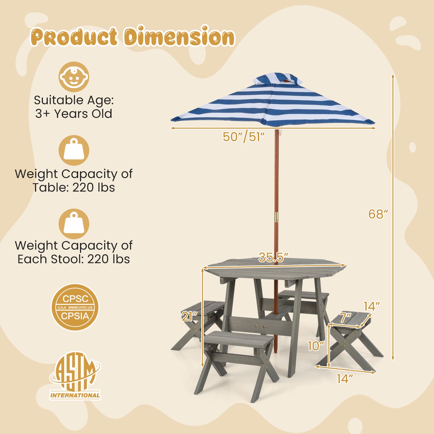 Kids Wooden Picnic Table Set with Umbrella and 4 Stools