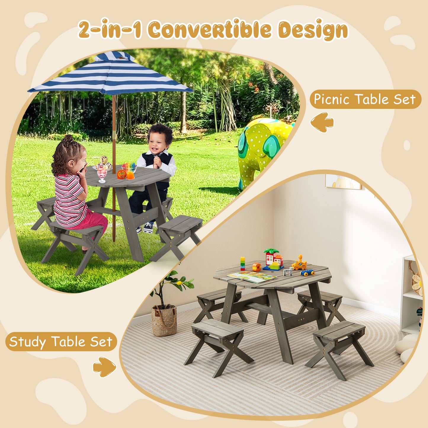 Kids Wooden Picnic Table Set with Umbrella and 4 Stools