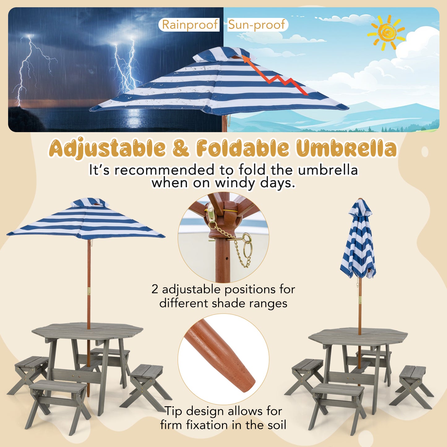 Kids Wooden Picnic Table Set with Umbrella and 4 Stools