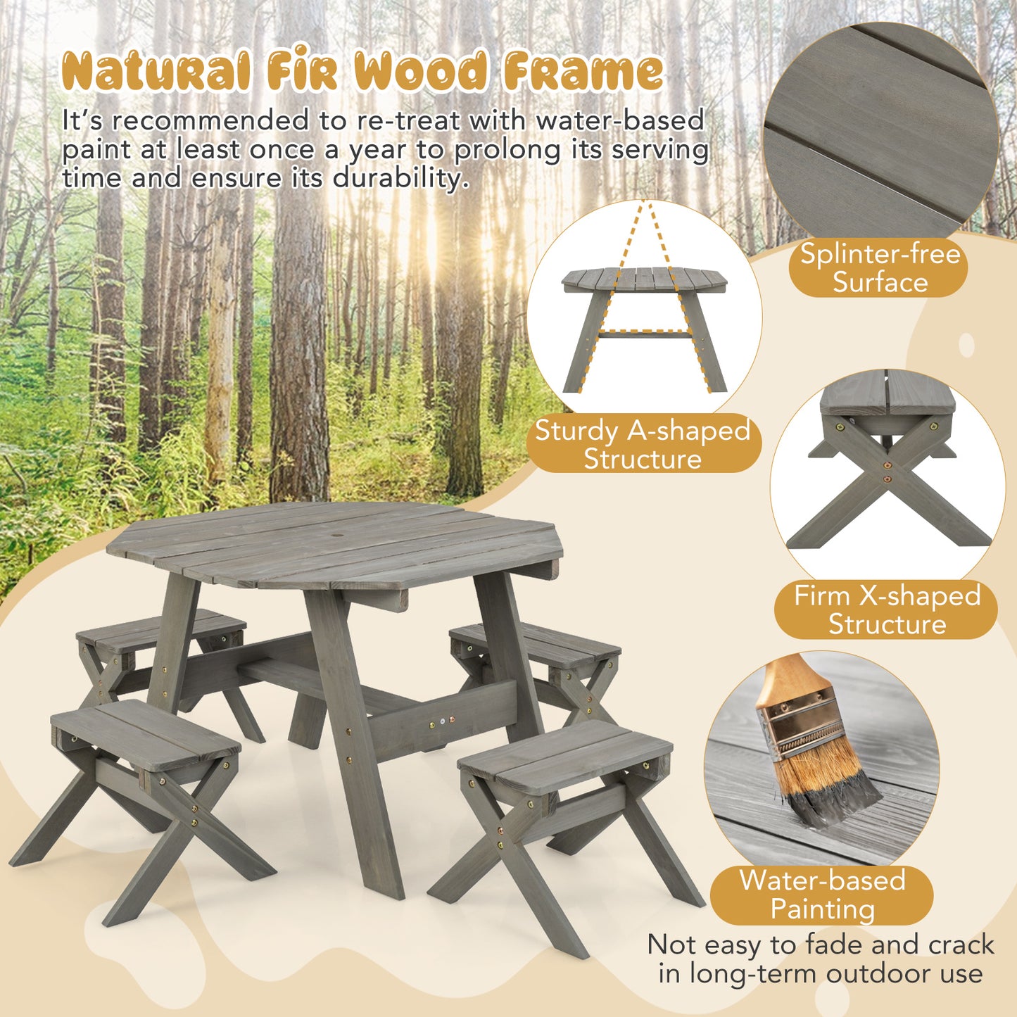Kids Wooden Picnic Table Set with Umbrella and 4 Stools