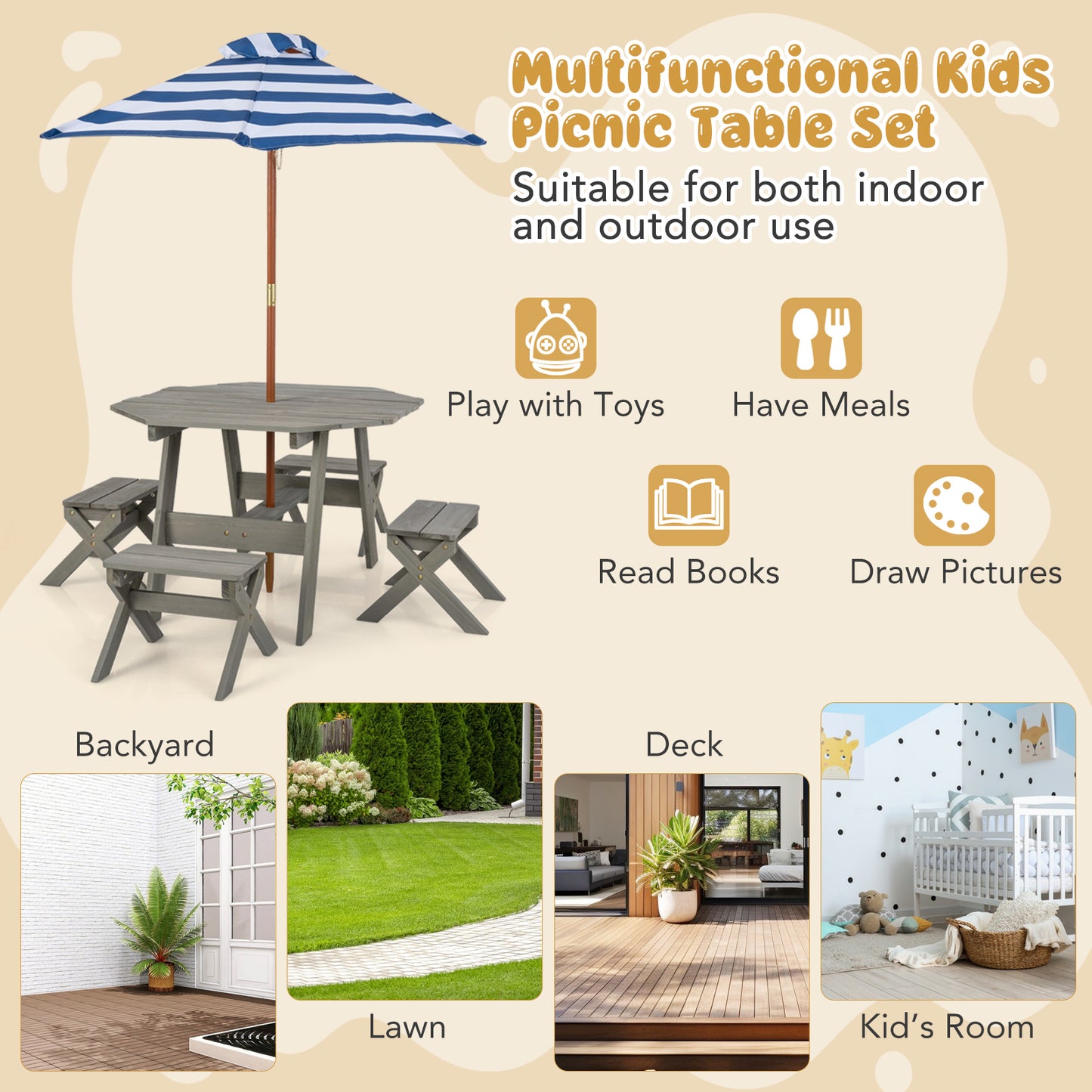 Kids Wooden Picnic Table Set with Umbrella and 4 Stools